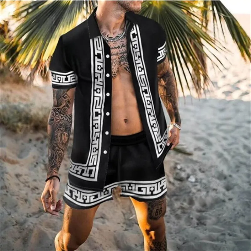 2021 Summer Hawaii Print Shirt Casual Beach Suit Men's Fashion Quick Dry Short Sleeve Tops + Cool Shorts Hot Sale Set Clothing | Мужская