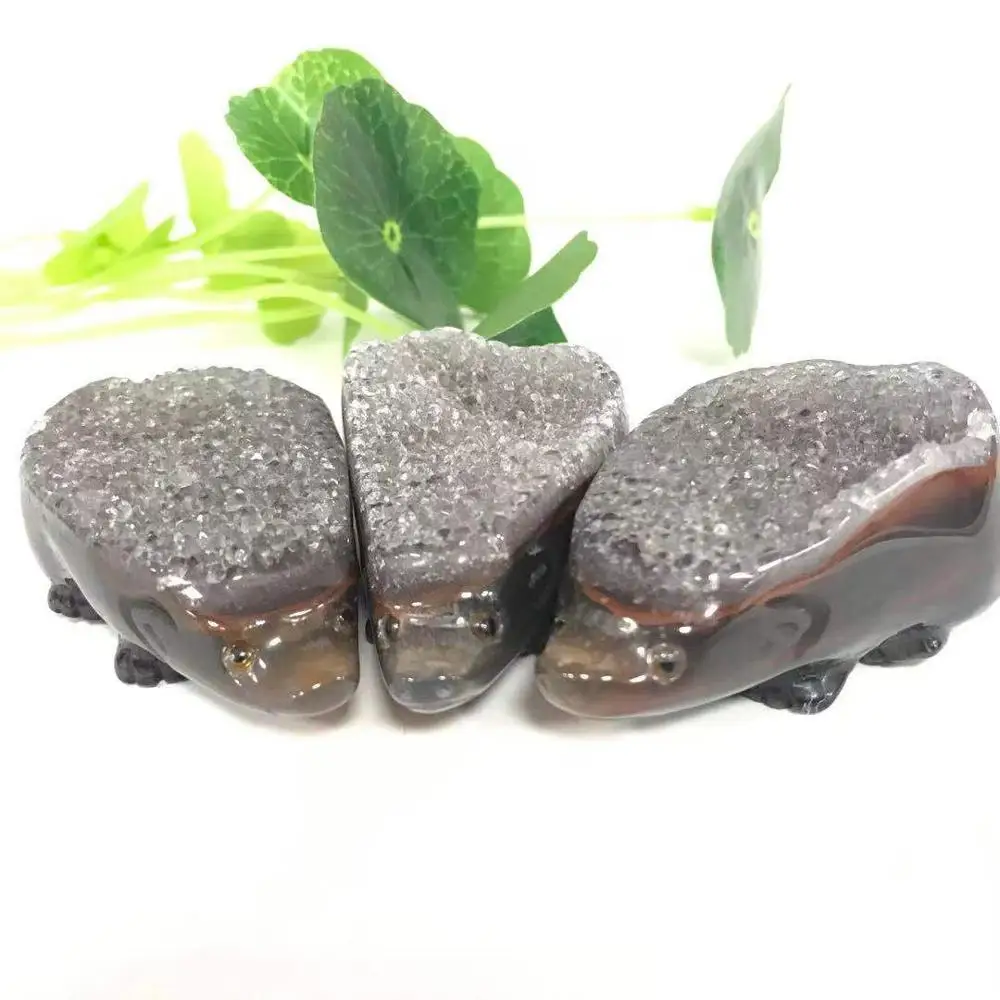 Натуральный агат Geode Ежик Drusy Druse фигурка животного Кристалл кварц драгоценный камень ручной резное Исцеление Камень домашний Декор подарок
