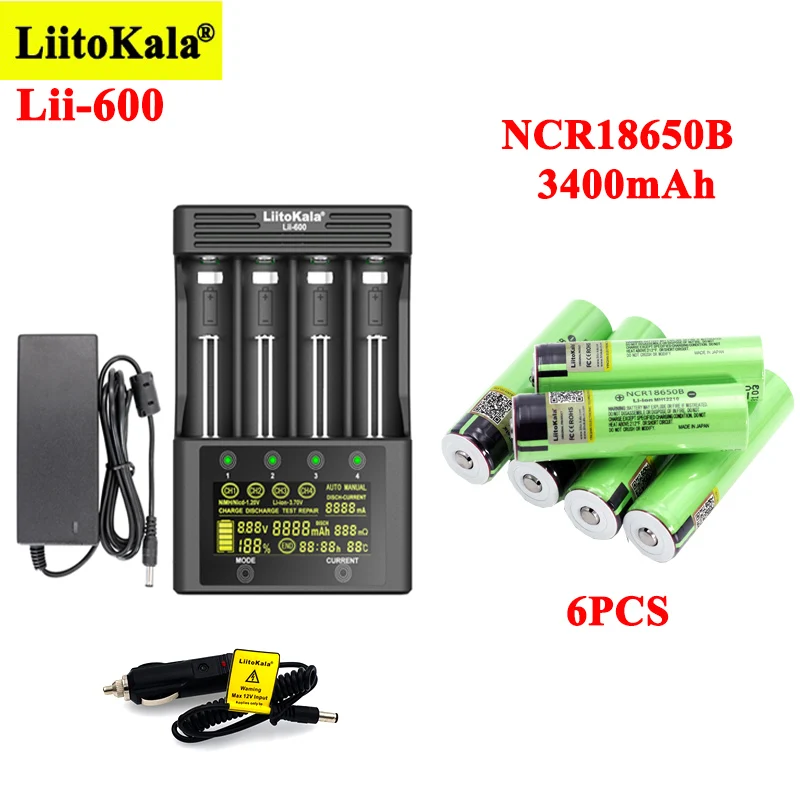 6 Batterie Ricaricabili Liitokala Ncr18650B 3400Mah Con Caricabatterie Lii-600 1 Pz Per Li-Ion 3.7 21700 26650 V Nimh