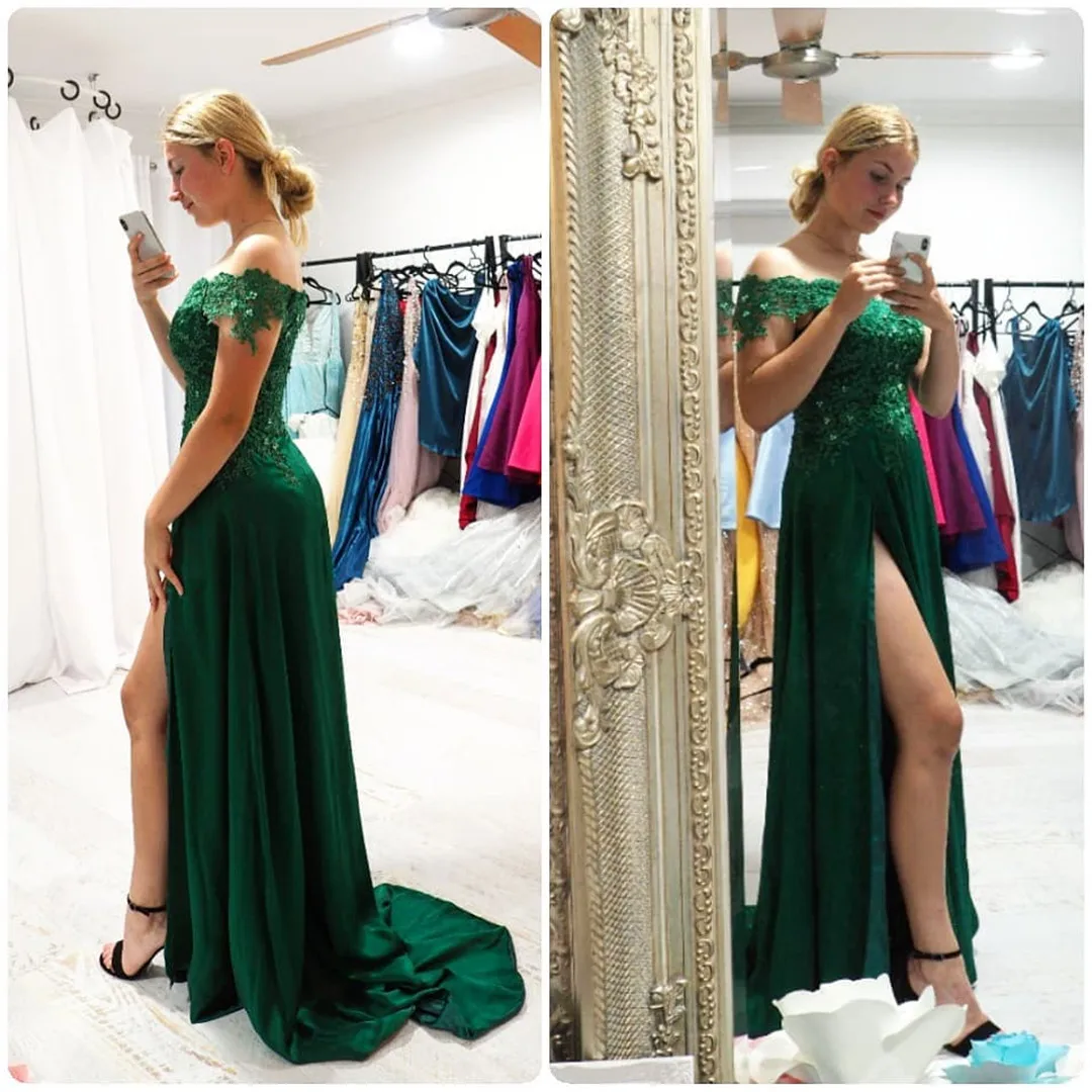 Baijinbai Off Shoulder Lace Evening Dresses Long robe de soiree Appliques A-line Formal Party Gowns Satin Side Slit Prom Dress