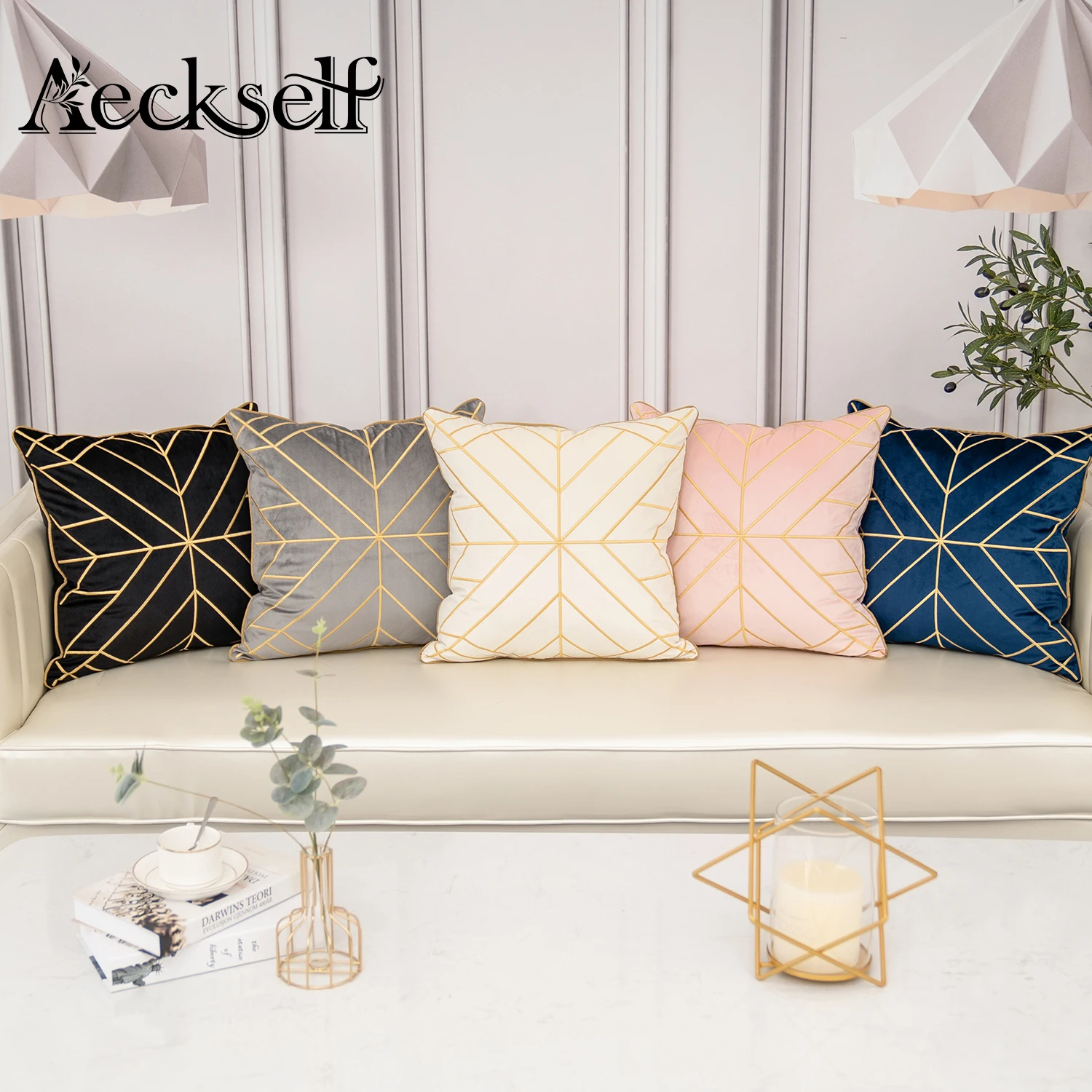 Aeckself Luxury Geometric Embroidery Velvet Cushion Cover Home Decor Navy Blue Gold Gray Black White Throw Pillow Case