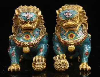 

christmas 14" China Fegn Shui Bronze Gilt Cloisonne Guardian Door Foo Dog Lion Statue Pair new Year