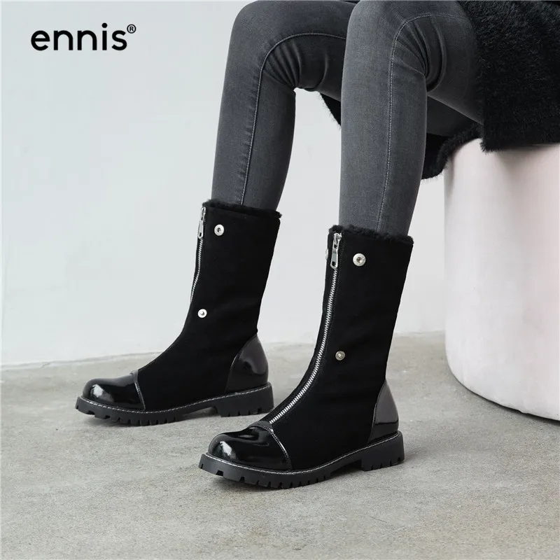 ENNIS/теплые зимние сапоги; женские ботинки из натуральной кожи; замшевые сапоги до середины икры на молнии спереди; женская обувь из плюша и шерсти; Цвет Черный; A9317