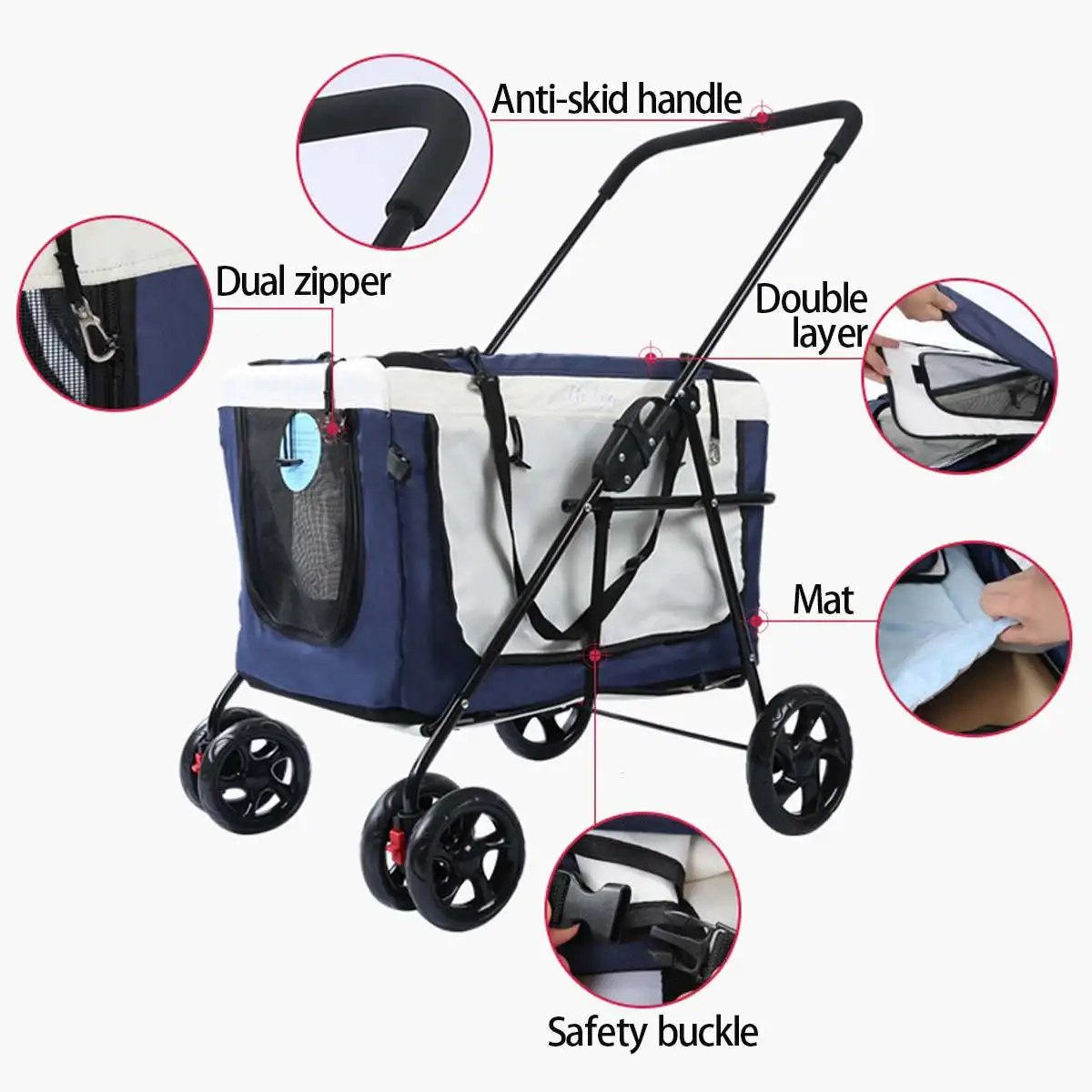 

Large Four Wheel Pet Stroller 3-in-1 Soft Sided Detachable Pet Carrier Travel Crate and Pet Stroller Bearing 20KG