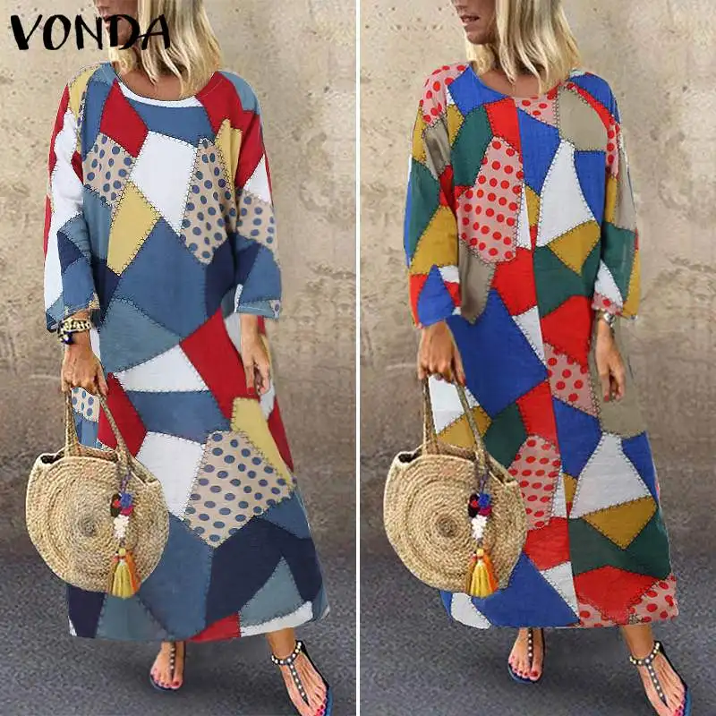 VONDA осеннее длинное платье для беременных с длинными рукавами и круглым вырезом, винтажное платье с принтом, богемные вечерние платья, пляжный сарафан Vestido