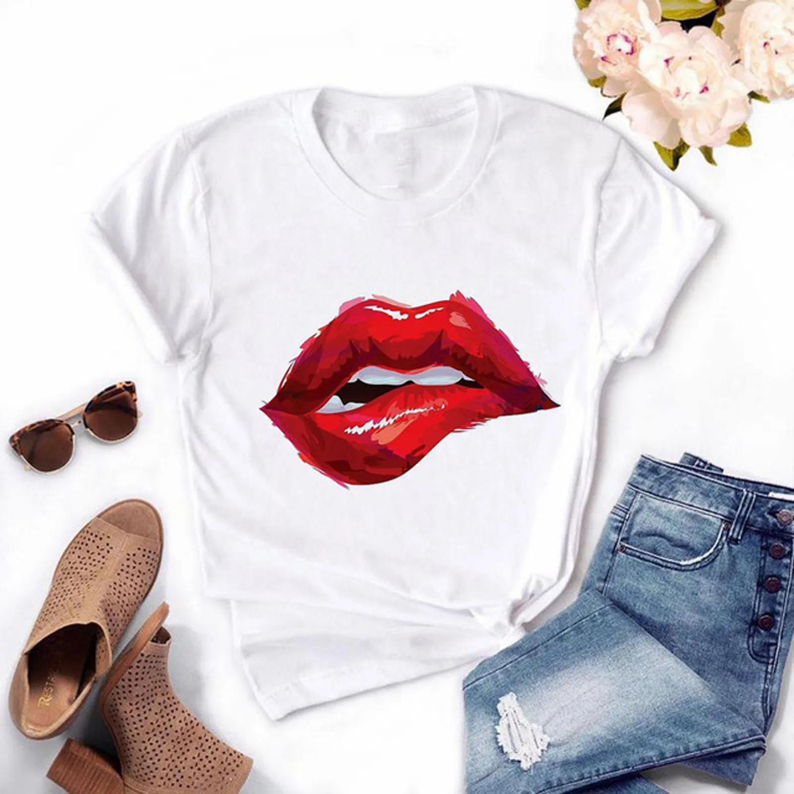 Tanie 25 # kobiety czerwone wargi usta drukuj koszulki O-neck krótki sklep