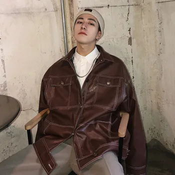 

2019 Autumn New Lapel Loose Trend Solid Color Men's Street Long Sleeve Handsome Casual Leather Jacket