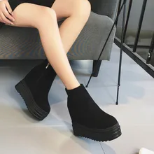 Обувь на толстой подошве увеличенные каблуки черные женские зимние сапоги теплые замшевые ботильоны женская обувь Горячая зимняя обувь