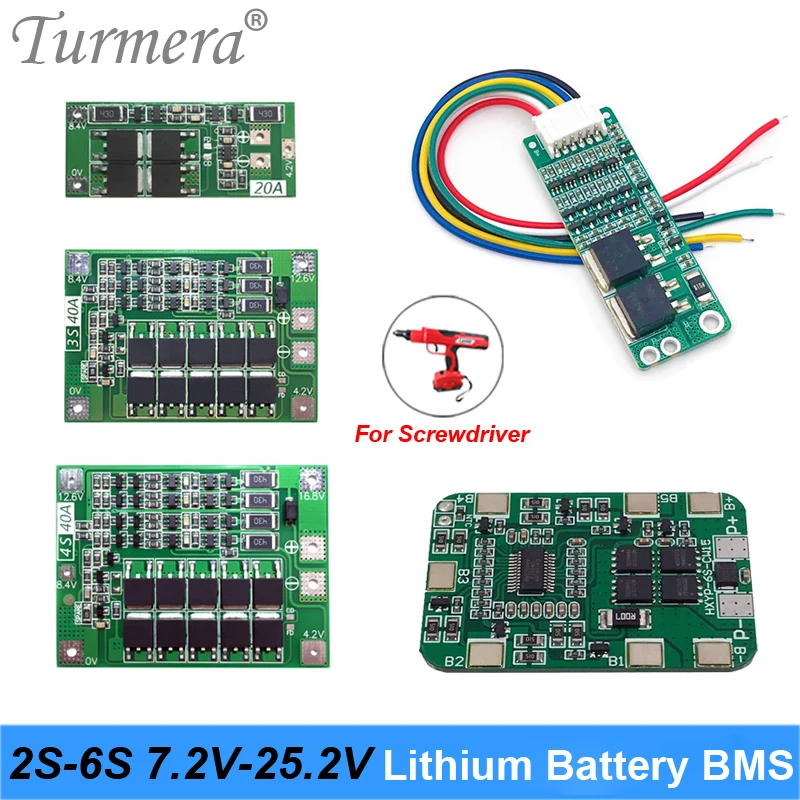 Turmera 2S 3S 4s 5s 6S BMS 리튬 배터리 밸런스 보호 보드, 7.2V 12V 14.4V 16.8V 18V 21V 25V 스크루 드라이버 배터리용