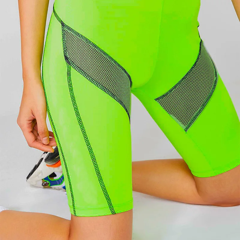 Неоновые зеленые горячие шорты женские шикарные фитнес тренажерный зал тренировки Bodycon лоскутные шорты 2019 осенние модные эластичные шорты