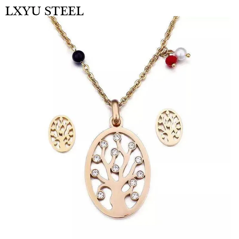 

316L Stainless Steel Exquisite Jewelry Sets Oval Shape Tree of Life Stud Earrings Necklace Sets Christmas Women Jewelry Gift