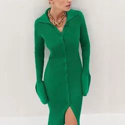 Vestido largo ajustado Y2K para mujer, prenda elegante de manga larga con botonadura única y cuello vuelto, abertura media