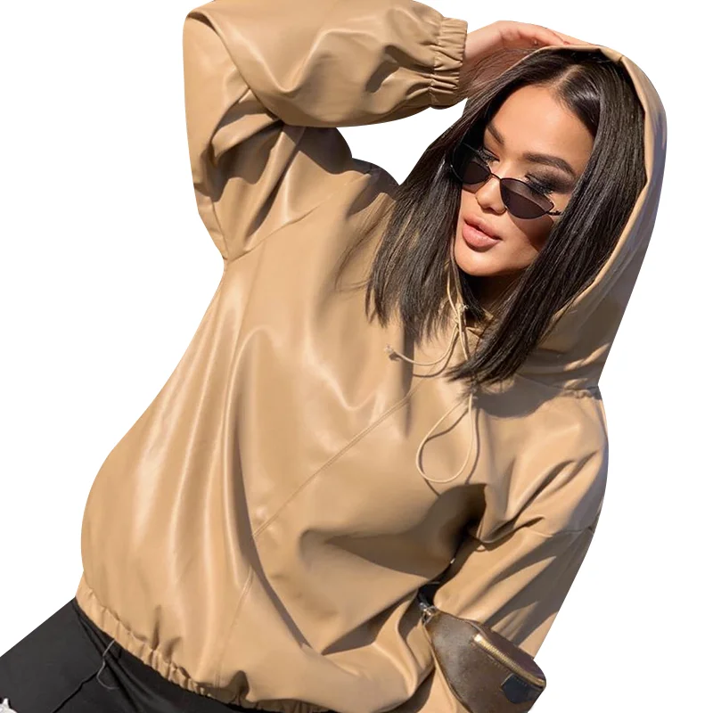 

Women's 2020 Autumn Autumn street windproof pure color simple leather wild round neck hooded sweater Long Sleeve Female Clothes