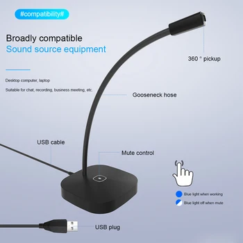 

Recording 360 Gooseneck Plug And Play Home Office Computer With Mute Button USB Desktop Microphone Omnidirectional LED Indicator