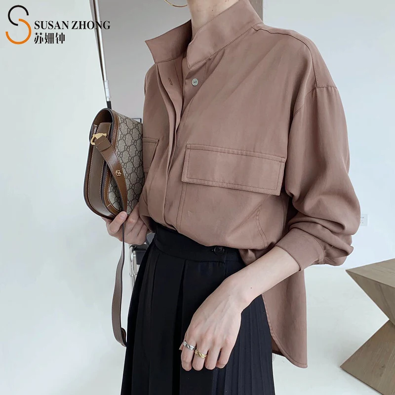 

ã€SusanZhongã€‘Women Shirts Female Blouses Tops Full Long Sleeve Modern Official Solid Stand Collar Tencel Elegant Autumn Basic