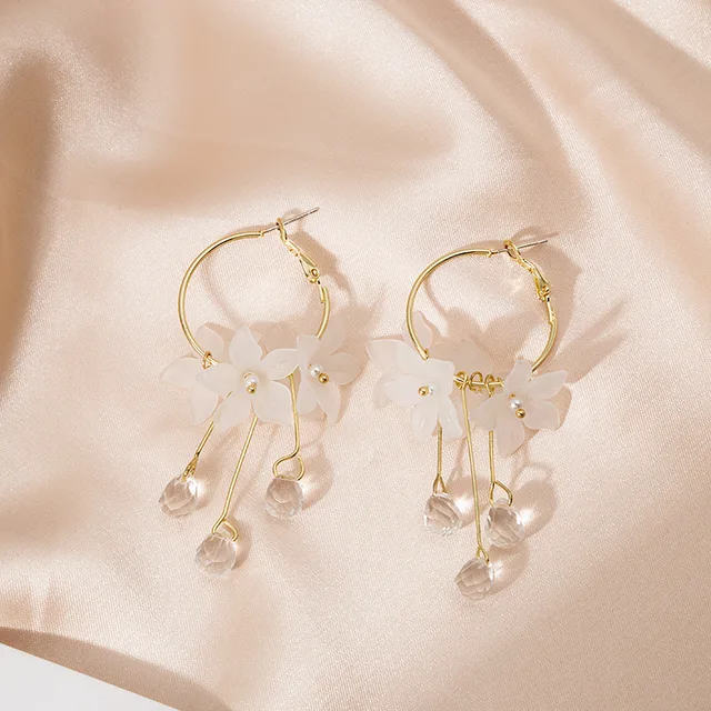 Lifefontier Korean White Flower Petal Drop Earrings Resin Rhinestone Pearl Long Tassel Dangle Earrings For Women Jewelry Girls WL990055A
