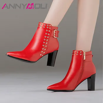 

ANNYMOLI Real Leather Ankle Boots Women Buckle Chunky High Heel Short Boots Genuine Leather Rivets Zip Shoes Ladies Autumn Red