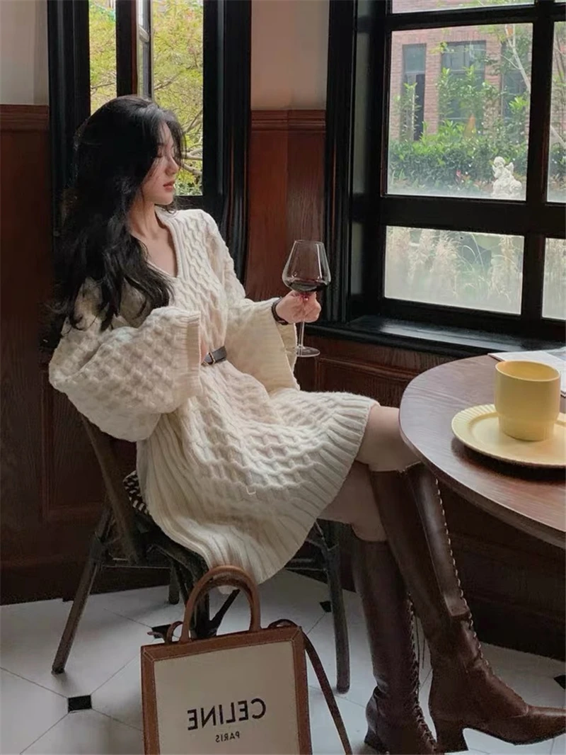 

LMQ Новый 2020 для женщин с длинным рукавом V образным вырезом вязаный Свободный Длинный свитер осень-зима джемпер Топы, платья для отдыха в Корейском стиле Стиль