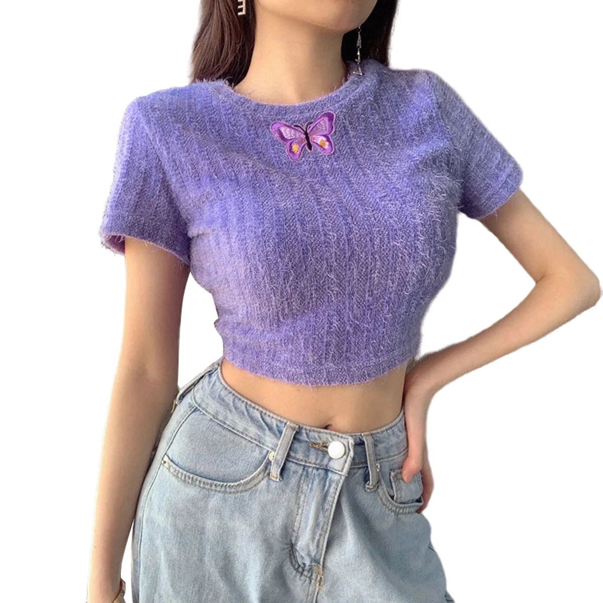 

Women T-shirt Solid Knitted Fur Beautiful Butterfly Embroidery Round Neck Short Sleeve Cropped Tops Summer Autumn Casual Tops
