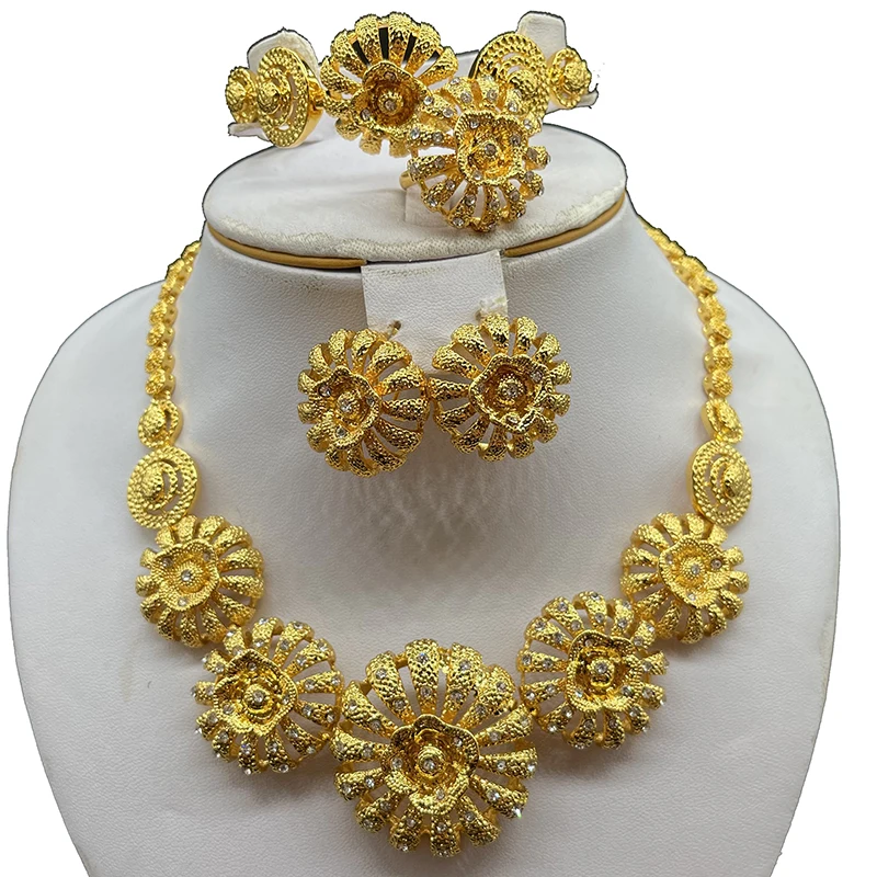 

Indian flower Wedding Chain Jewelry Sets Gold Color Earrings For Women African/Dubai/Arab Wedding/Party Wife Gifts