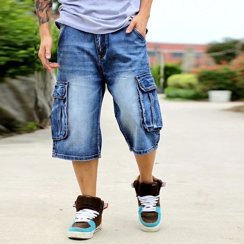 Mcikkny Vintage Men's Cargo Summer Denim Shorts Multi Pockets Blue Straight  Short Jeans For Male Plus Size 30-46