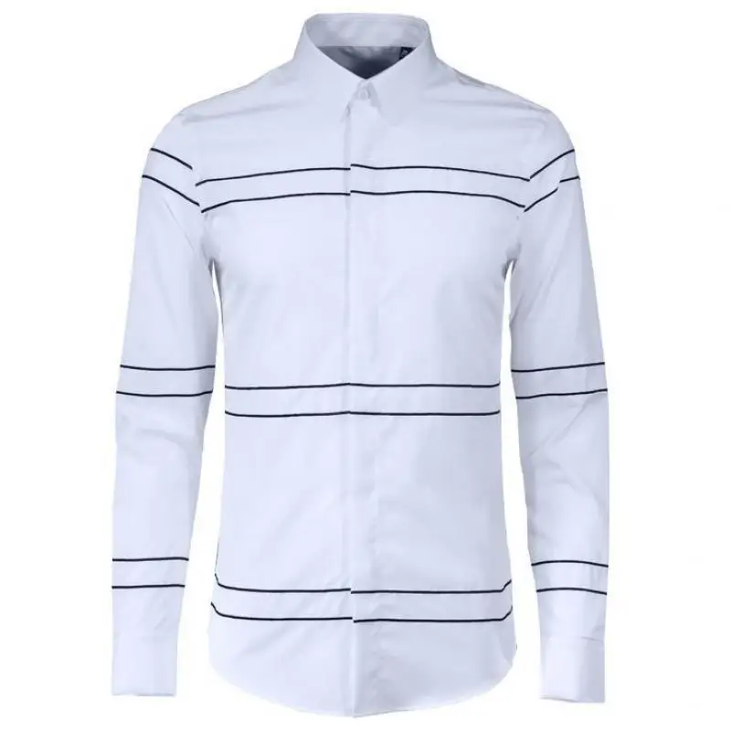 

Stripe Embroidered 100% Cotton Solid Color Long Sleeve Men Dress Fashion Slim Fit Man Shirt Plus Size 4XL