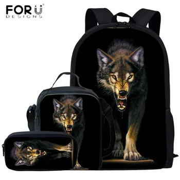 

FORUDESIGNS Large Capacity School Bags Cool Wolf Printed Black Schoolbags Bookbags for Teenager Boys Cool Men Shoulder Backpack