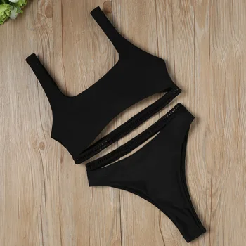 

Women Bikini Solid Color Webbing Selvage Square Hollow Out Sexy Two Piece Bathing Suit