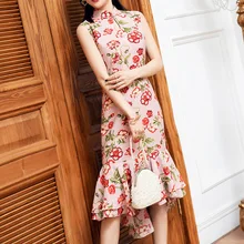 Новое Женское платье Чонсам с принтом, улучшенное, средней длины, лето, стиль, платье 19286