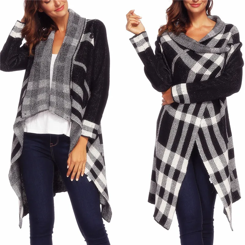 

Irregular Cardigan Knit Sweater for Women Sweaters Long Sleeve Black Plaid Cardigans Knitted Clothes Korean Style Cashmire Woman