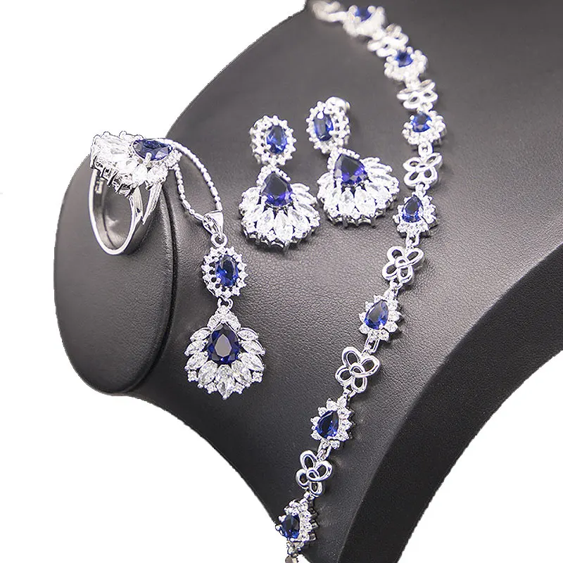 Blue Sapphire Jewelry Sets For Women Silver 925 Necklace Earrings Ring