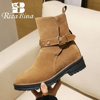 

RIZABINA 2021 New Wome Ankle Boots Fashion Buckle Flats Winter Shoes Woman Warm Casual Short Boot Lady Daily Footwear Size 33-43