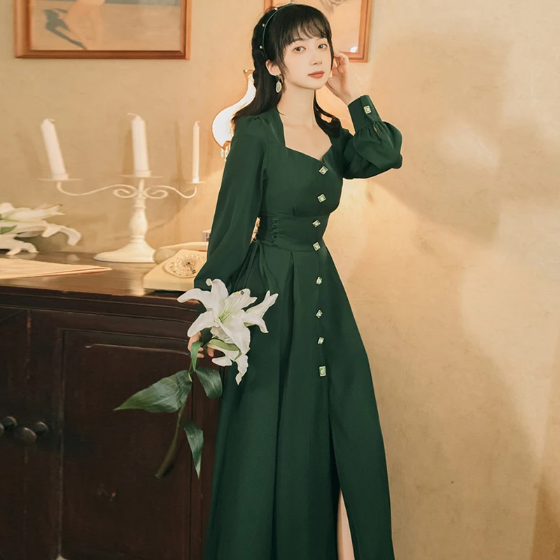 

Green Long Dress Women 2020 Autumn Vintage Square Collar Full Sleeve Midi Bandage Party Dresses Elegant Korean Style Vestidos