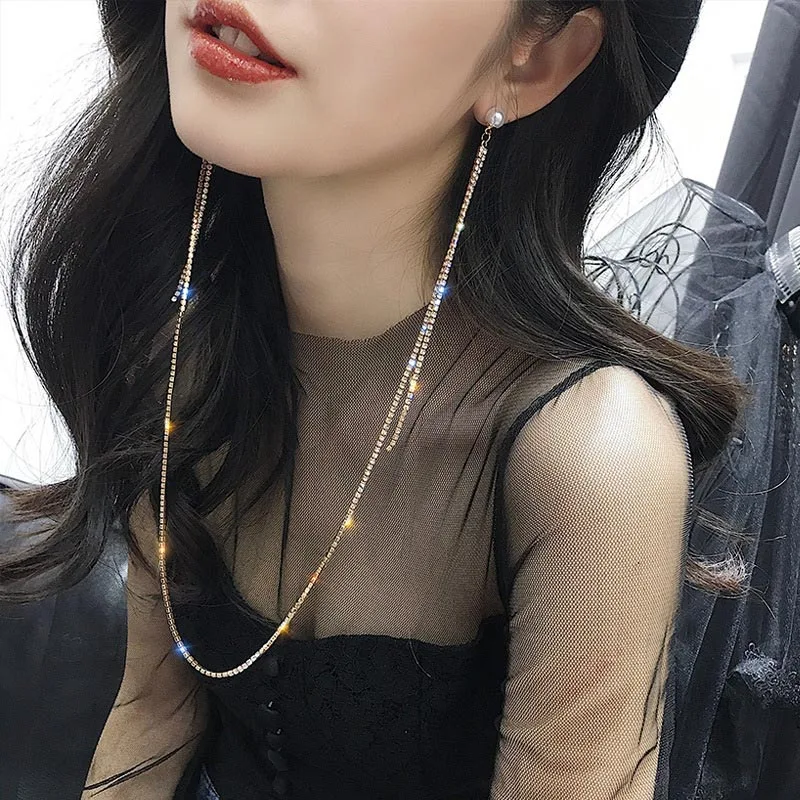 

High Quality Gold Silver Rhinestone Simulated Pearls Link Chain Long Tassel Earrings Jewelry for Girl Women Dating Wedding