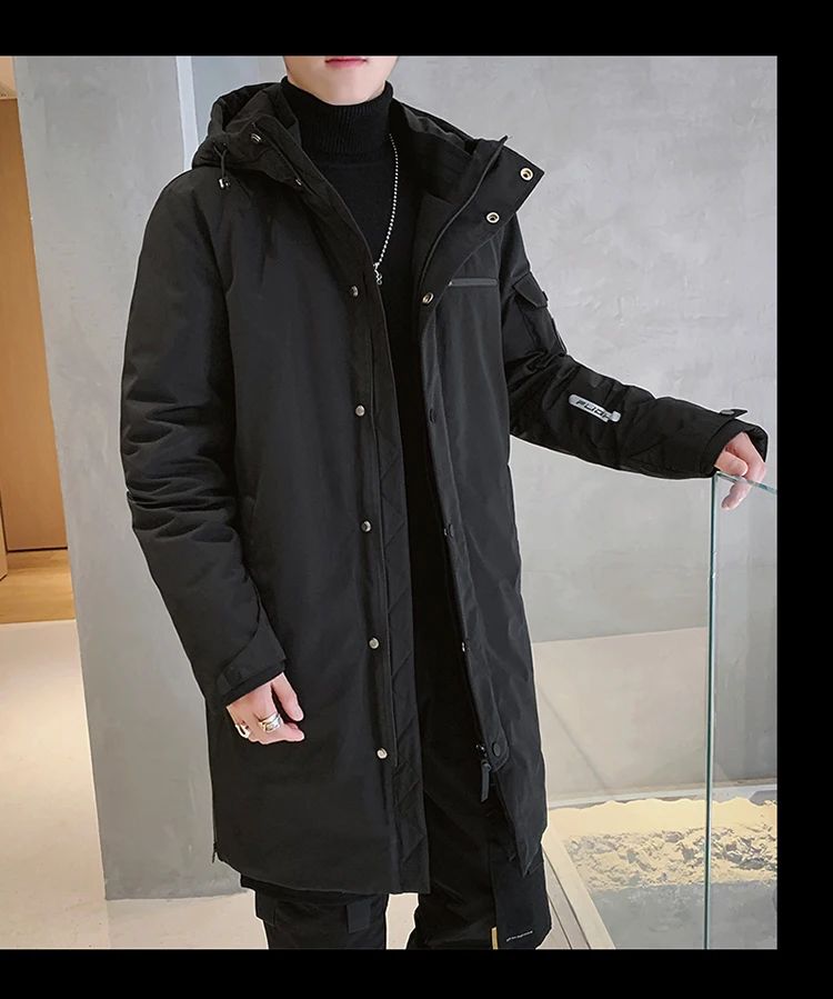 Мужское зимнее теплое пуховое пальто, стиль, мужское пуховое пальто с капюшоном, длинное Модное теплое пальто
