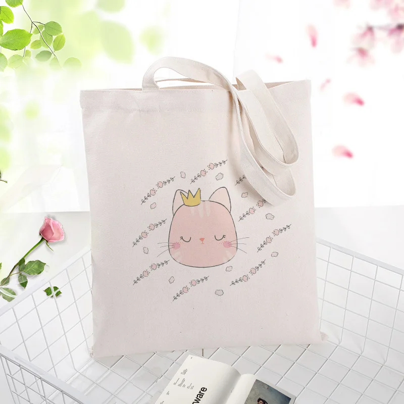 

cat Canvas Tote Bag Shopping Bag Custom Print Logo Text DIY Handbag Daily Use Eco Ecologicas Reusable Recycle