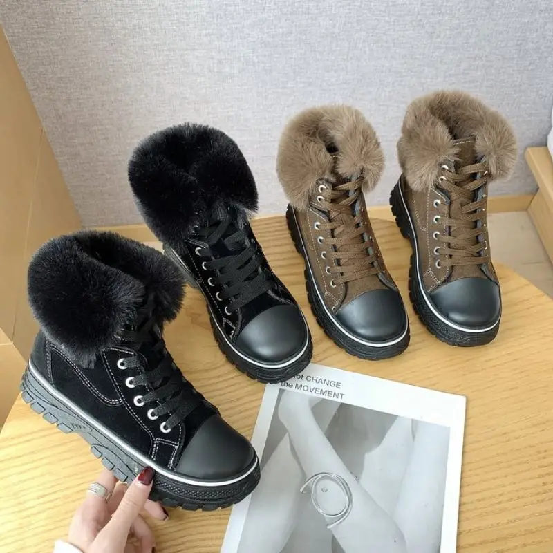 RIZABINA Women Ankle Boots Winter Keep Warm Fur Flats Shoes Women Casual Lace Up Round Toe Fashion Party Short Boots Size 35-39