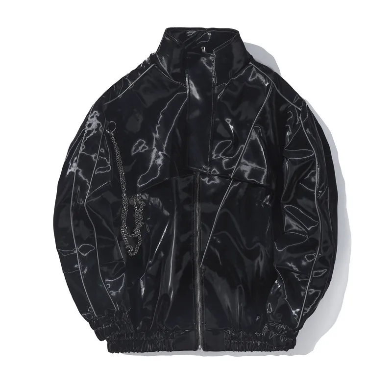 Светоотражающая лента 3M кожаная куртка Для мужчин, украшенные цепочкой; Однотонный Цвет уличная Курточка бомбер ветровки пара зимние пальто