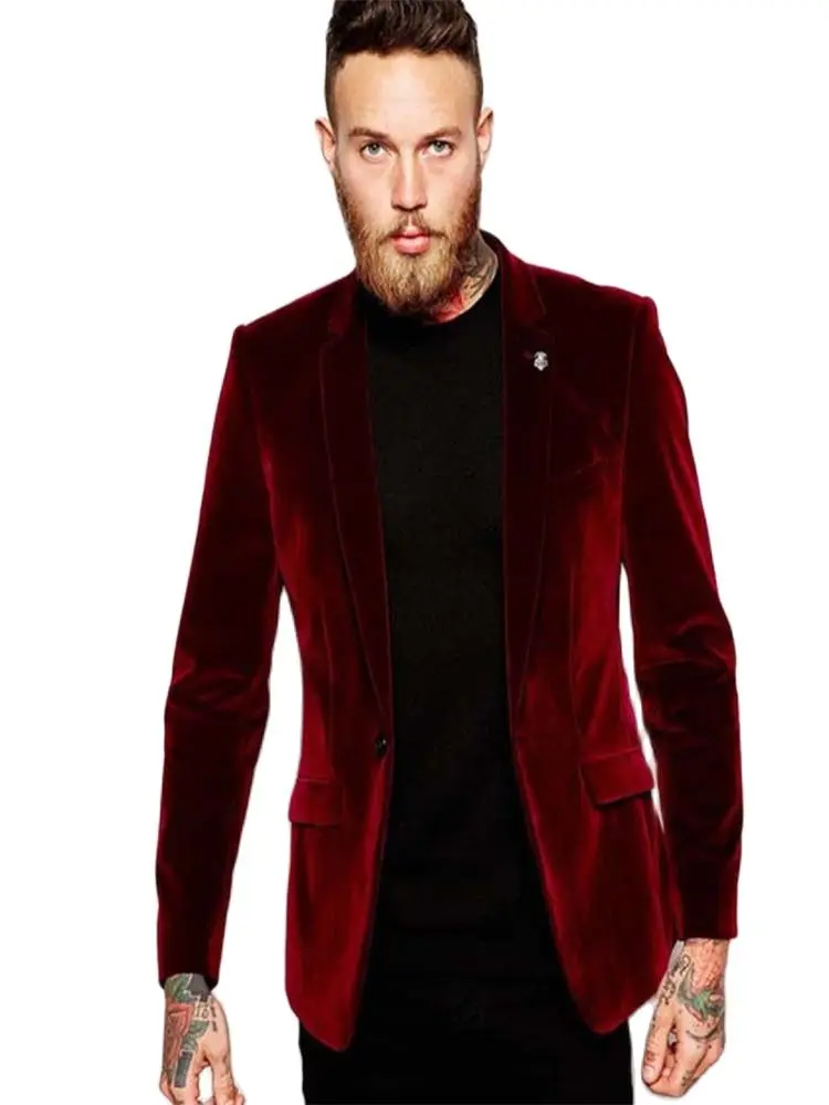 

Burgundy Velvet Men's Blazer With Black Peak Lapel Slim Fit Wedding Suits For Man Custom Made Groomsman Tuxedos(Jacket+Pants)