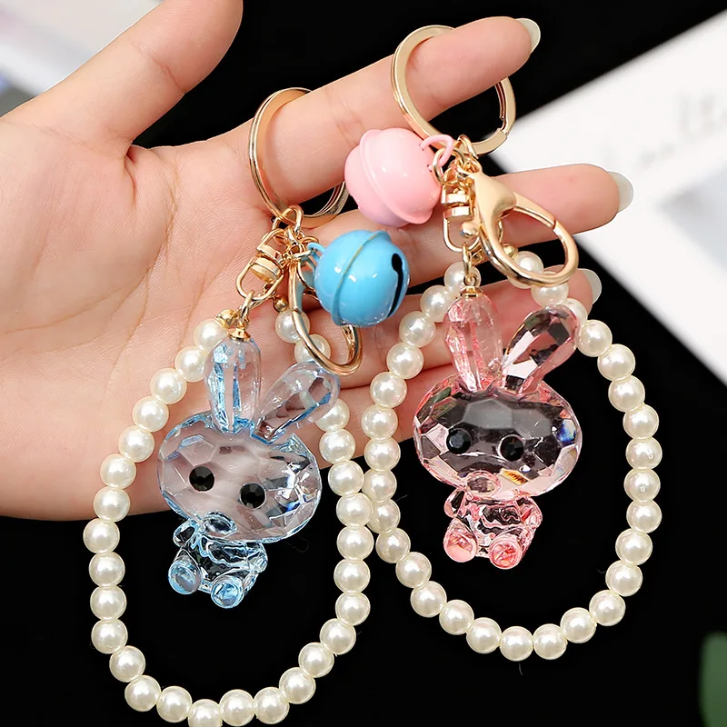 

Cute rabbit Keychain Transparent Doll Crystal Bunny with hand Strap Keychains Bag Key chain Car Pendant Key ring porte clef