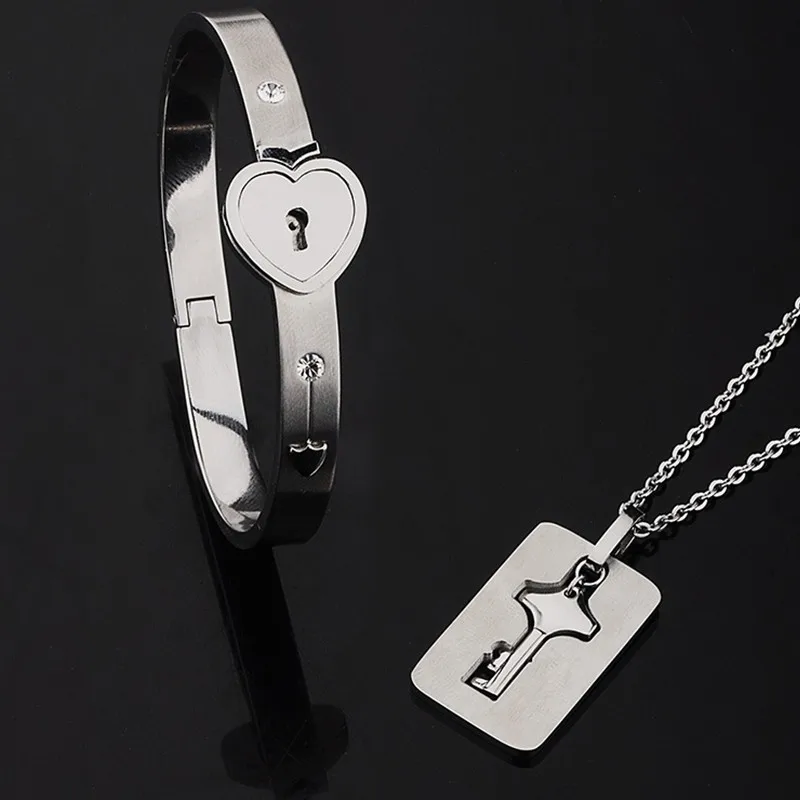 A Set Couple Bracelet Heart Lock Bracelet and Key Necklace Stainless Steel  Choker Lover Jewelry - AliExpress