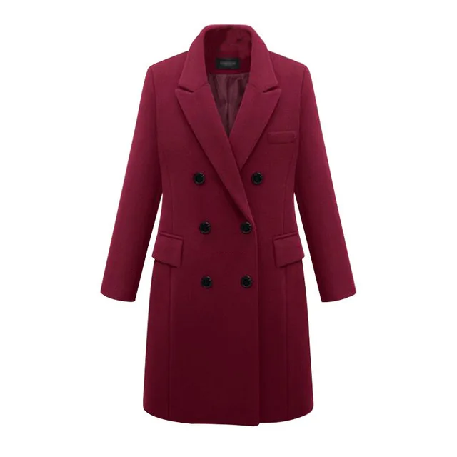 Осенне-зимнее женское повседневное шерстяное одноцветное пальто, пиджаки, женское элегантное приталенное двубортное длинное пальто для девушек размера плюс 5XL
