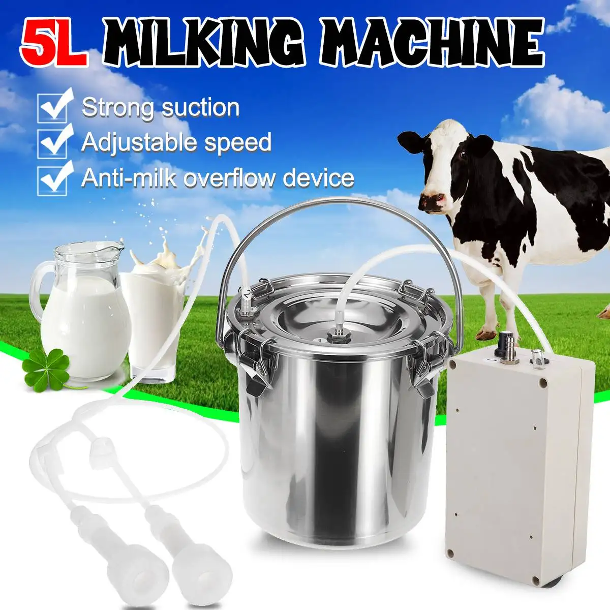 

5L Portable Electric Milking Machine for Cows Sheep Adjustable Speed Pump Stainless Steel Bucket Goat Milker Vacuum Pump Suction