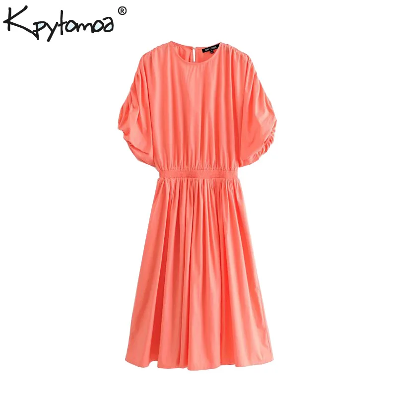 

Vintage Elegant Solid Pleated Midi Dress Women 2019 Fashion O Neck Lantern Sleeve elastic waist Dresses Casual Vestidos Mujer
