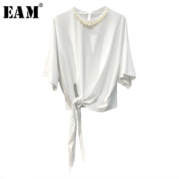 

[EAM] Women White Pearl Split Bandage Big Size T-shirt New Round Neck Short Sleeve Fashion Tide Spring Summer 2020 1T339