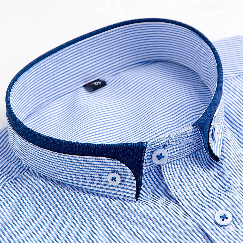 Весна и осень длинный рукав Camisa Masculina высокое качество бренд Полосатый сплошной цвет Мода Бизнес Повседневная круглая пуговица Fit