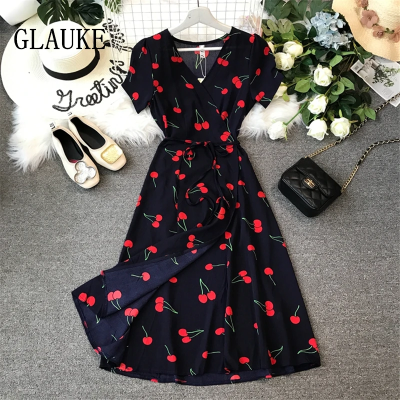 Women girl summer break skirt a chip in the cherry long wrap dress cultivate morality floral chiffon dress Women girl summer break skirt a chip in the cherry long wrap dress cultivate morality floral chiffon dress