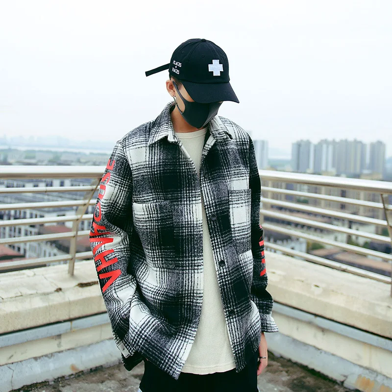 

Men's wear printing square collar Products Clothes New Pattern Easy Hip-hop Leisure Time Lattice Thickening Woolen Shirt coat