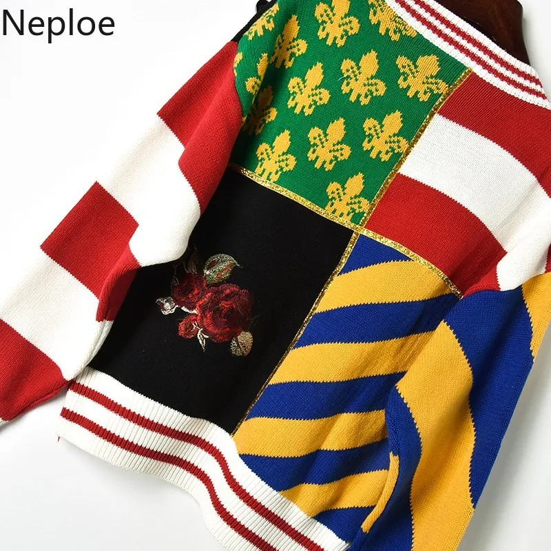 Neploe/пуловер в стиле пэчворк с круглым вырезом, свитер для женщин, женский вязаный свитер с рисунком кота, Женская Толстая Свободная Женская верхняя одежда, 46223