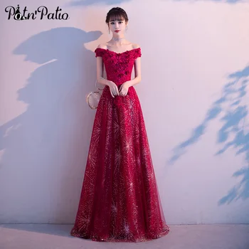 

Luxury Appliques Flower Wine Red Prom Dresses Long Sexy Boat Neck Off The Shoulder A-line Floor-length Glitter Evening Gown
